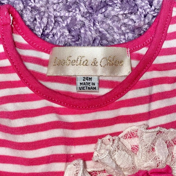 24m Isobella & Chloe Pink Cream Striped Ruffle Tunic Top Pants Outfit Set - Picture 4 of 6